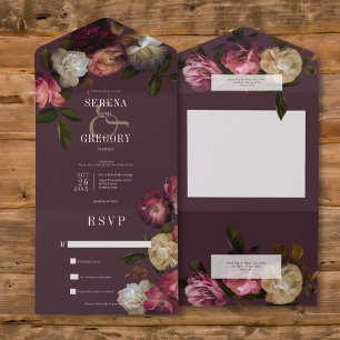 Dark Moody Pink Burgundy & Cream Peonies No Dinner All In One Invitation