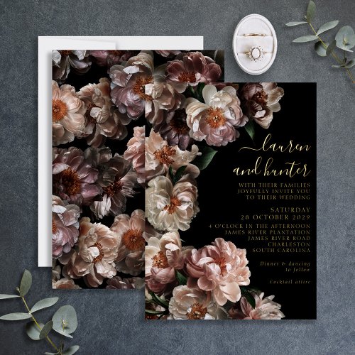 Dark Moody Pink Floral Botanical Wedding Gold Foil Invitation