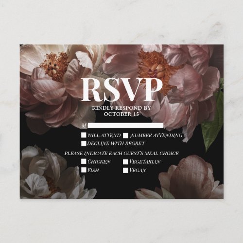Dark Moody Pink Floral Meal Choices Wedding RSVP Invitation Postcard