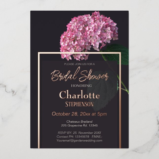 Dark Moody Pink Hydrangea Bridal Shower Rose Gold  Foil Invitation (Front)