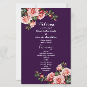 Dark moody pink red roses purple wedding program