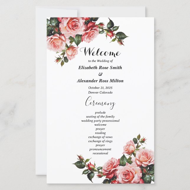 Dark moody pink red roses wedding program (Front)