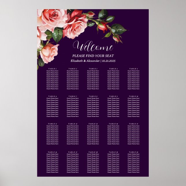 Dark moody pink red roses wedding seating chart (Front)