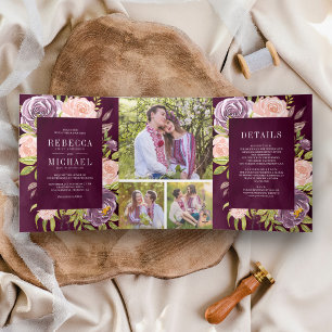 Dark Moody Plum Purple Blush Pink Floral Wedding Tri-Fold Invitation