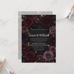 Dark Moody Plum Purple Roses Wedding Invitation
