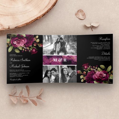 Dark Moody Plum Roses Photo Collage Black Wedding Tri_Fold Invitation