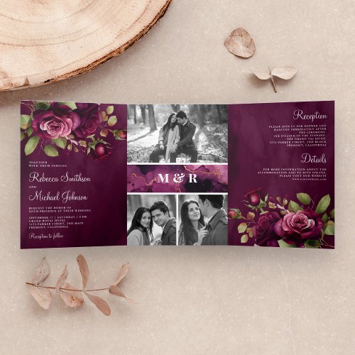 Dark Moody Plum Roses Photo Collage Purple Wedding Tri_Fold Invitation