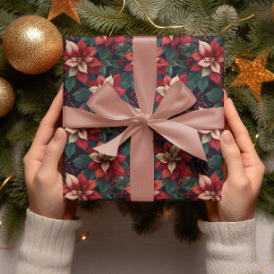 Dark Moody Poinsettia Floral Winter Holiday Wrapping Paper