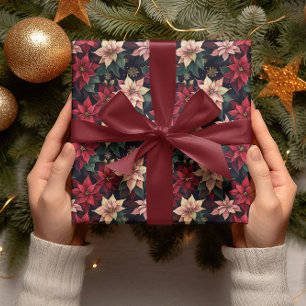 Dark Moody Poinsettia Floral Winter Holiday Wrapping Paper