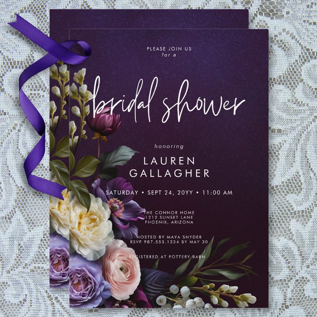 Dark Moody Purple & Cream Floral Bridal Shower Invitation (Dark Moody Purple & Cream Floral Bridal Shower Invitation)