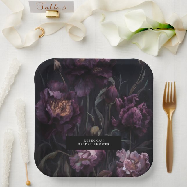 Dark Moody Purple Dramatic Florals Bridal Shower Paper Plates (Wedding)
