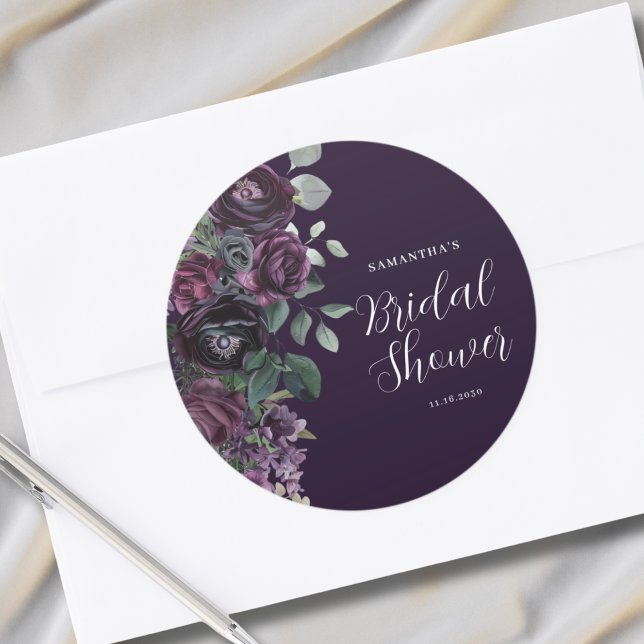 Dark Moody Purple Floral Bridal Shower Classic Round Sticker (Creator Uploaded)