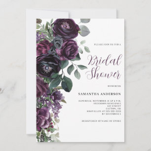 Dark Moody Purple Floral Bridal Shower Invitation