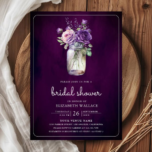 Dark Moody Purple Floral Mason Jar Bridal Shower Invitation