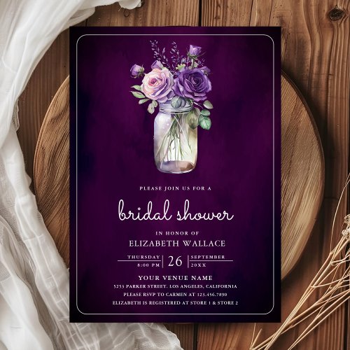 Dark Moody Purple Floral Mason Jar Bridal Shower Invitation