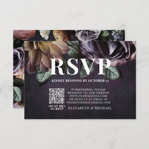 Dark Moody Purple Floral QR Code Wedding RSVP Card