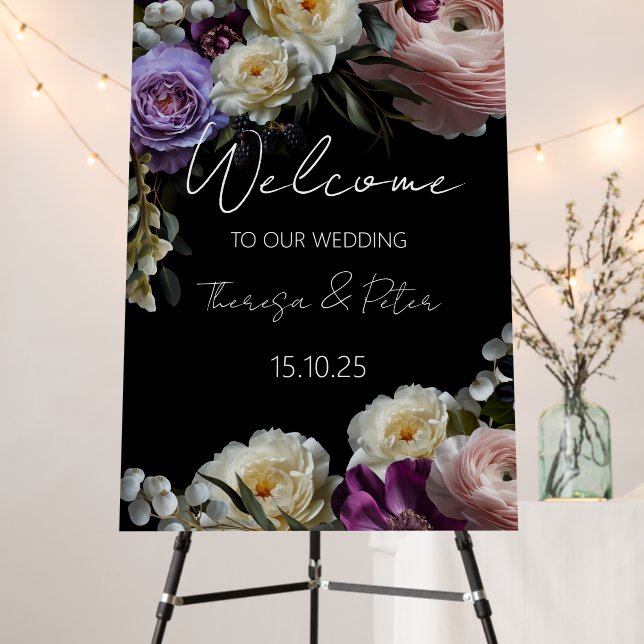 Dark Moody Purple Floral Wedding Foam Boards (In Situ (Stand))