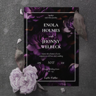 Dark Moody Purple Floral Wedding Invitation
