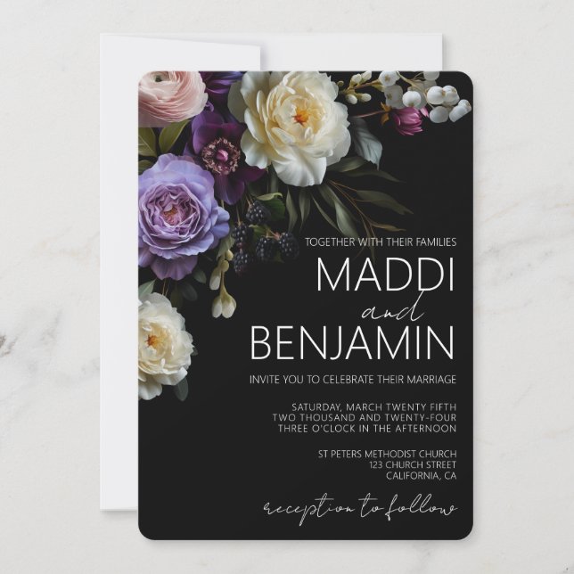 Dark Moody Purple Floral Wedding Invitation (Front)