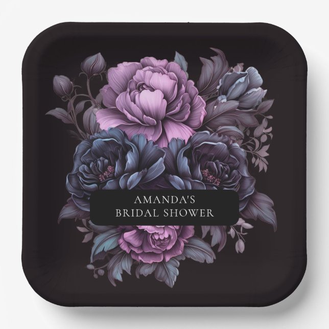 Dark Moody Purple Florals Bridal Shower Paper Plates (Front)