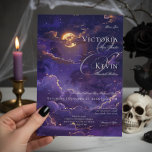 Dark Moody Purple & Gold Moonlit Clouds Wedding Invitation<br><div class="desc">Announce your love under the glow of a magical night. Our enchanting wedding invitation features a captivating dark sky, painted in deep, moody purples. Wispy clouds shimmer with a touch of faux gold, catching the soft light of a magnificent full moon. The ethereal scene sets the stage for your gothic...</div>