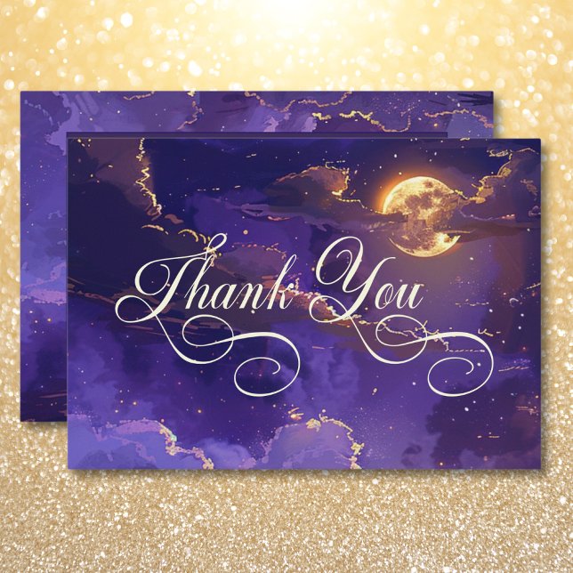 Dark Moody Purple & Gold Moonlit Clouds Wedding Thank You Card (Dark Moody Purple & Gold Moonlit Clouds Wedding Thank You Card)