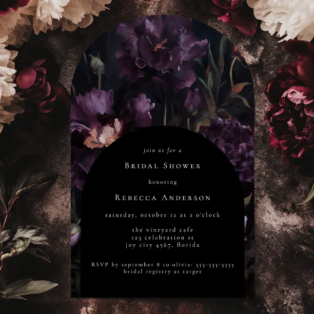 Dark Moody Purple Gothic Floral Bridal Shower Arch Invitation | Zazzle