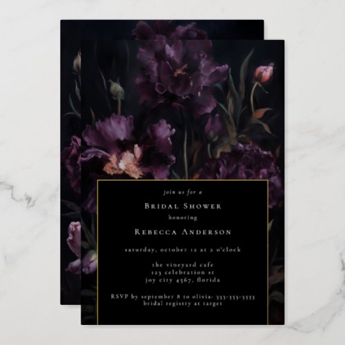 Dark Moody Purple Gothic Florals Bridal Shower Foil Invitation