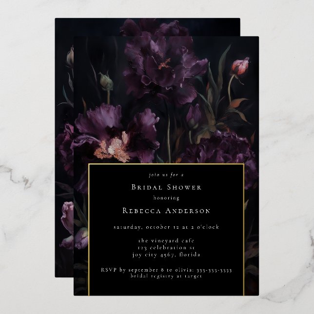 Dark Moody Purple Gothic Florals Bridal Shower Foil Invitation (Front/Back)