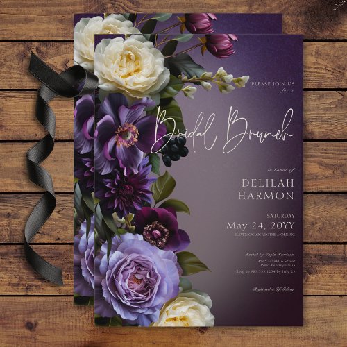 Dark Moody Purple  Lavender Floral Bridal Brunch Invitation
