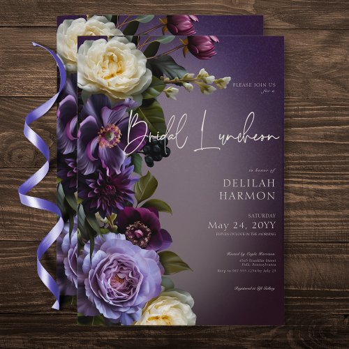 Dark Moody Purple  Lavender Floral Bridal Lunch Invitation