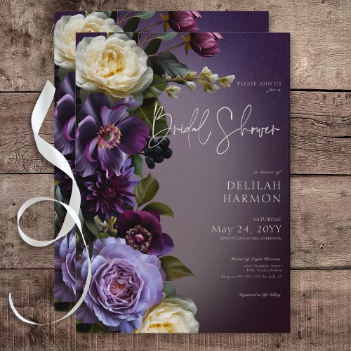Dark Moody Purple  Lavender Floral Bridal Shower Invitation