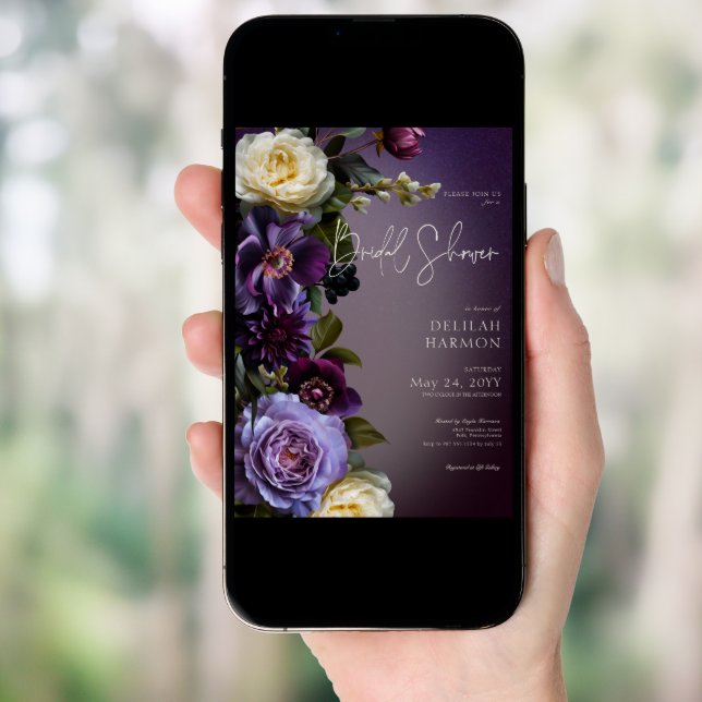 Dark Moody Purple & Lavender Floral Bridal Shower Invitation (Front Digital)