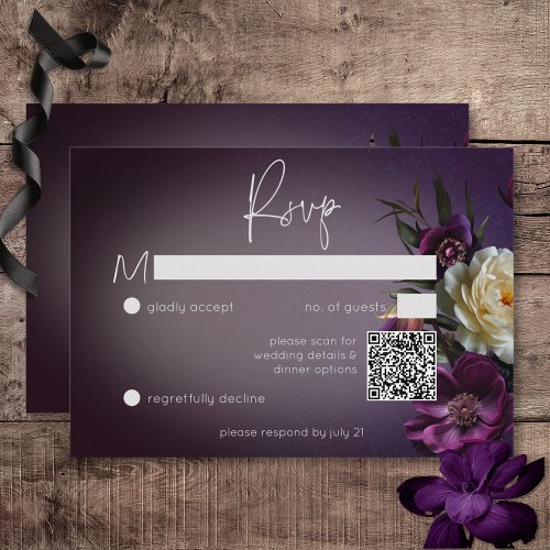 Dark Moody Purple  Lavender Floral Modern QR Code RSVP Card