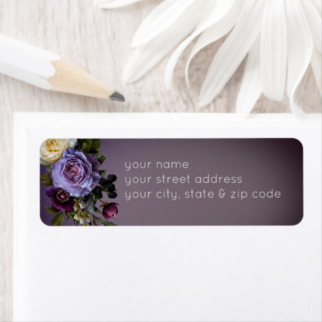 Dark Moody Purple Lavender Floral Modern Return Label (Insitu)