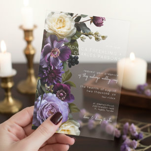 Dark Moody Purple Lavender Floral Modern Wedding Acrylic Invitations