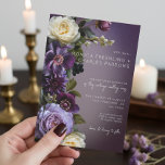 Dark Moody Purple Lavender Floral Modern Wedding Invitation<br><div class="desc">Introducing our exquisite wedding invitation that effortlessly marries modern elegance with vintage allure. Set against a moody purple plum background, a soft side loose bouquet comes to life, featuring dark purple, lavender, cream white, and burgundy flowers alongside delicate botanical greenery. This arrangement is elegantly nestled within a soft white blur...</div>