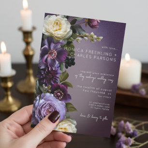 Dark Moody Purple Lavender Floral Modern Wedding Invitation