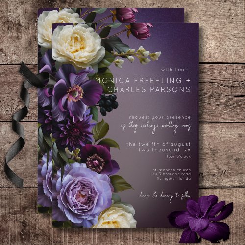 Dark Moody Purple  Lavender Floral Modern Wedding Invitation