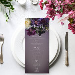 Dark Moody Purple Lavender Floral Modern Wedding Menu<br><div class="desc">Introducing our exquisite wedding suite menu that effortlessly marries modern elegance with vintage allure. Set against a moody purple plum background, a soft side loose bouquet comes to life, featuring dark purple, lavender, cream white, and burgundy flowers alongside delicate botanical greenery. This arrangement is elegantly nestled within a soft white...</div>