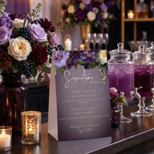 Dark Moody Purple & Lavender Floral Modern Wedding Paper Table Tent