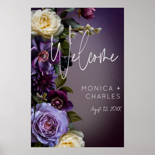 Dark Moody Purple  Lavender Floral Modern Wedding Poster