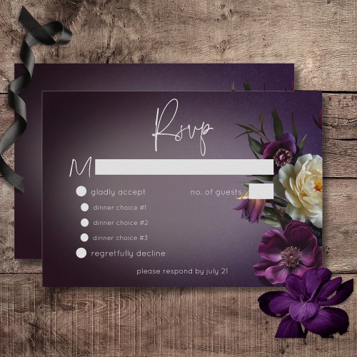 Dark Moody Purple  Lavender Floral Modern Wedding RSVP Card