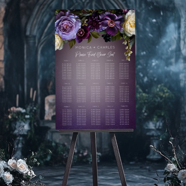 Dark Moody Purple Lavender Floral Wedding Seating Foam Board (Dark Moody Purple & Lavender Floral Wedding Seating Chart)