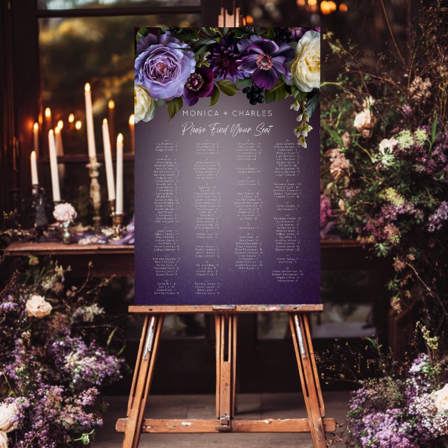 Dark Moody Purple Lavender Floral Wedding Seating Foam Board (Dark Moody Purple & Lavender Floral Wedding Alphabetical Seating Sign)