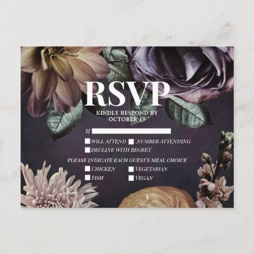 Dark Moody Purple Meal Choices Wedding RSVP Invitation Postcard