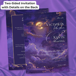 Dark Moody Purple Moonlit Clouds Two Sided Wedding Invitation