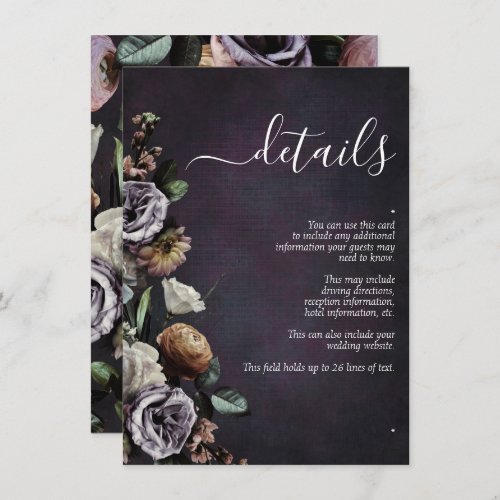 Dark Moody Purple Script Floral Wedding Details Enclosure Card