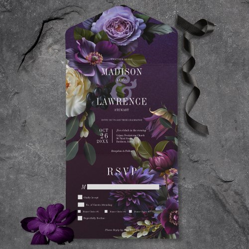 Dark Moody Purple  White Floral Dinner All In One Invitation