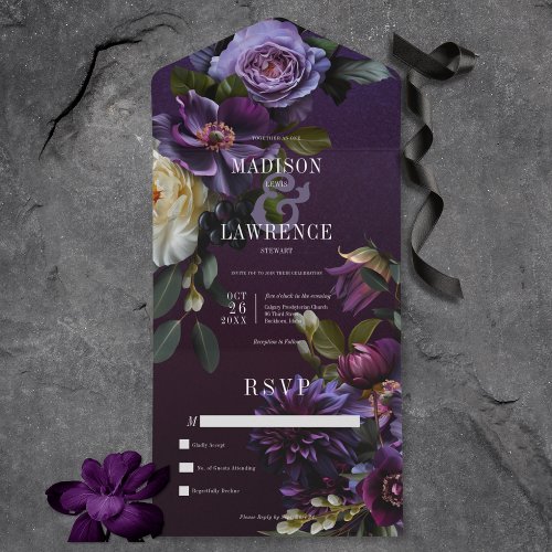 Dark Moody Purple  White Floral No Dinner All In One Invitation
